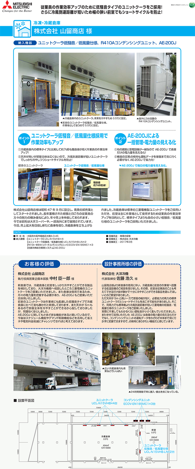 MITSUBISHI ELECTRIC 従業員の作業効率アップのために低騒音タイプのユニットクーラーをご採用！さらに冷風到達距離が短いため幅の狭い前室でもショートサイクルを防止！ 冷凍・冷蔵倉庫　株式会社山留商店様